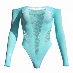 Blue Rhinestoned Fishnet Bodysuit with Cutouts - EXOTIC DANCEWEAR